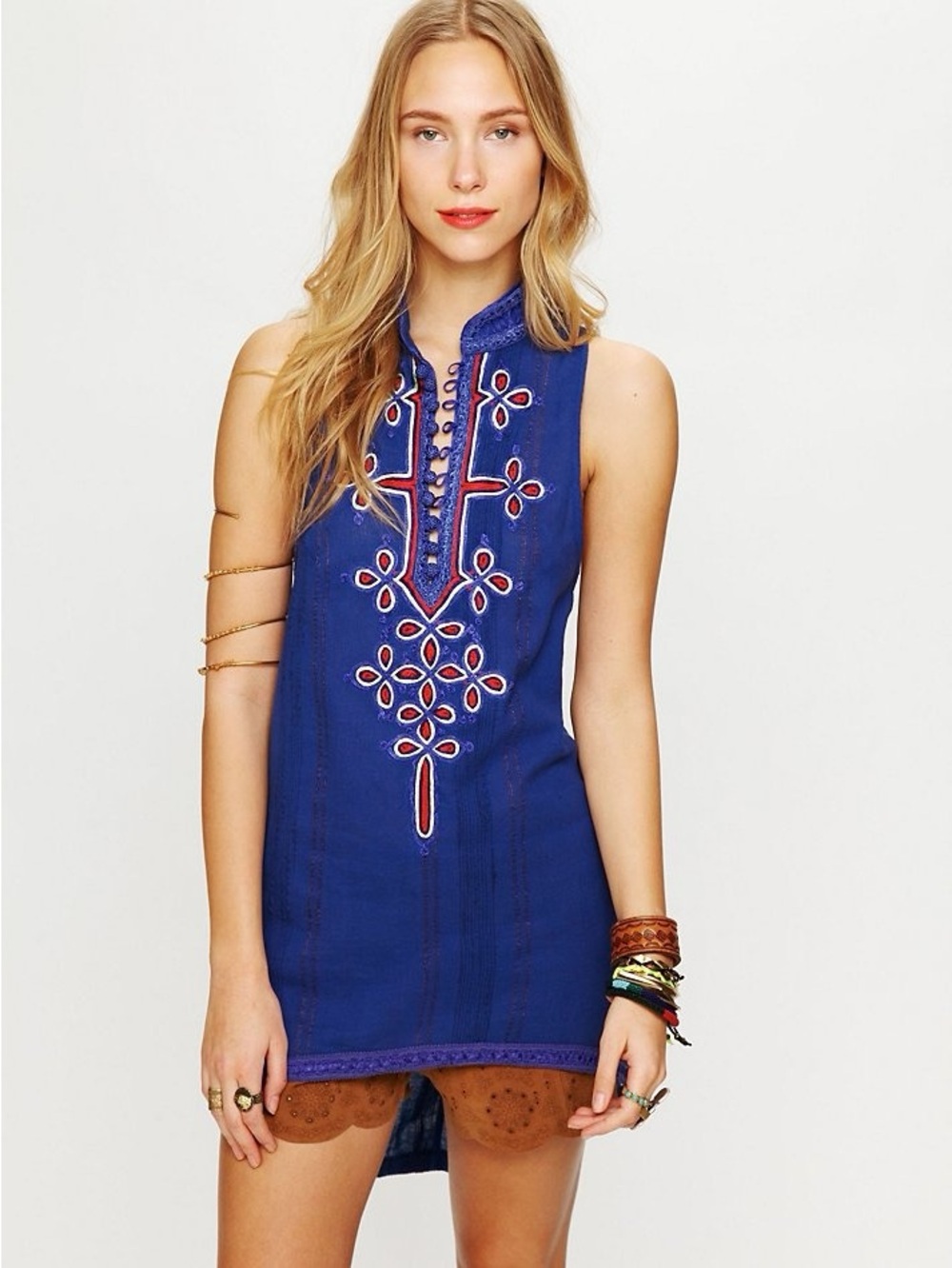 Free People New Romantics Blue Embroidered V-Neck Boho Festival Tunic Tank small